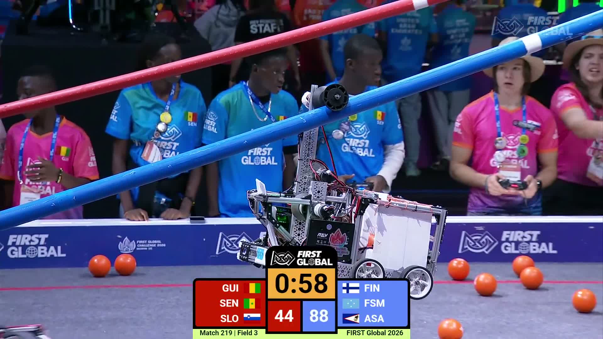A robot bearing the light-blue FSM flag hangs from the blue alliance brace during Match 219.